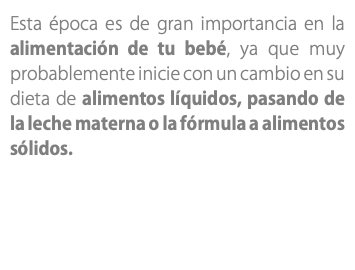 Esta época es de gran importancia en la alimentación de tu bebé, ya que muy probablemente inicie con un cambio en su dieta de alimentos líquidos, pasando de la leche materna o la fórmula a alimentos sólidos.
