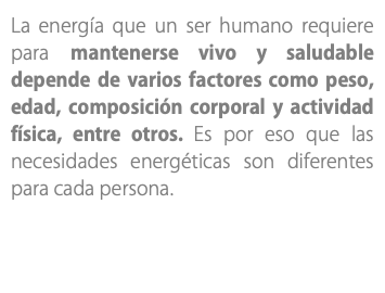 La energía que un ser humano requiere para mantenerse vivo y saludable depende de varios factores como peso, edad, composición corporal y actividad física, entre otros. Es por eso que las necesidades energéticas son diferentes para cada persona.