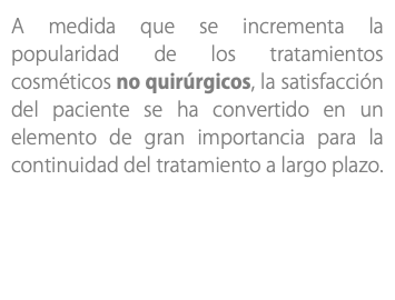 A medida que se incrementa la popularidad de los tratamientos cosméticos no quirúrgicos, la satisfacción del paciente se ha convertido en un elemento de gran importancia para la continuidad del tratamiento a largo plazo.